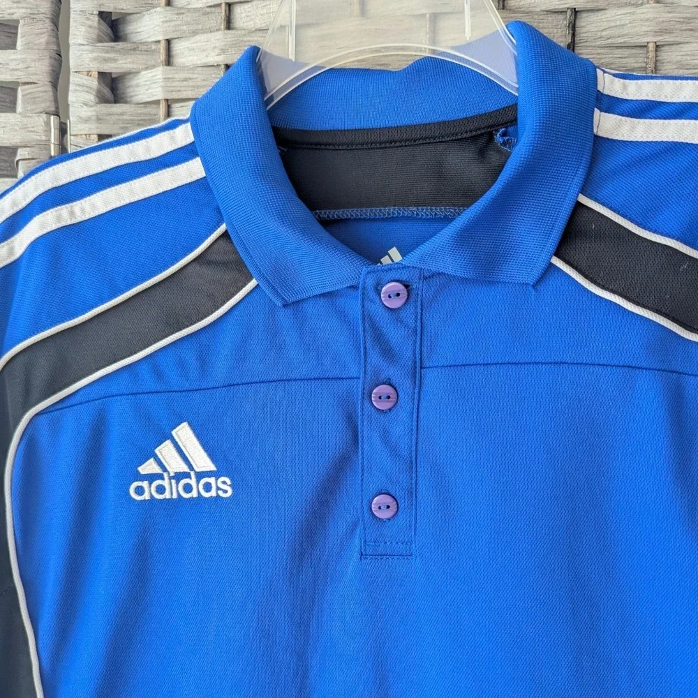 Adidas Polo Shirt Blue Climalite Three Stripe Athletic Mens Sz L Performance